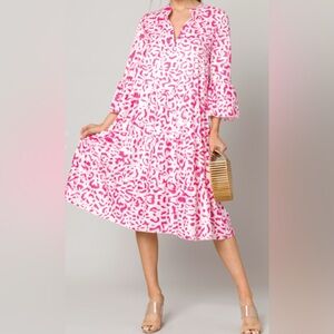 Womens XL Pink White Leopard Print Long Sleeve Tiered Ruffle Midi Dress Preppy